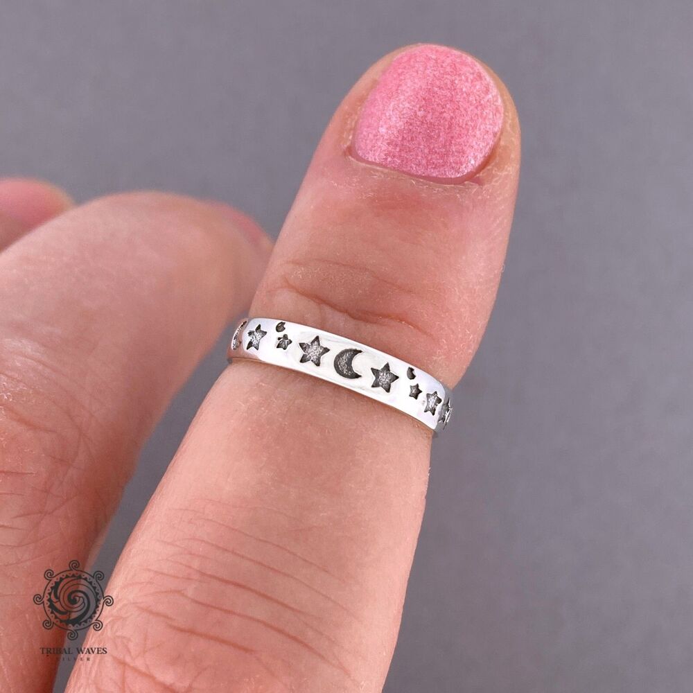 925 Sterling Silver Stamped Moons and Stars Ring, USA Seller